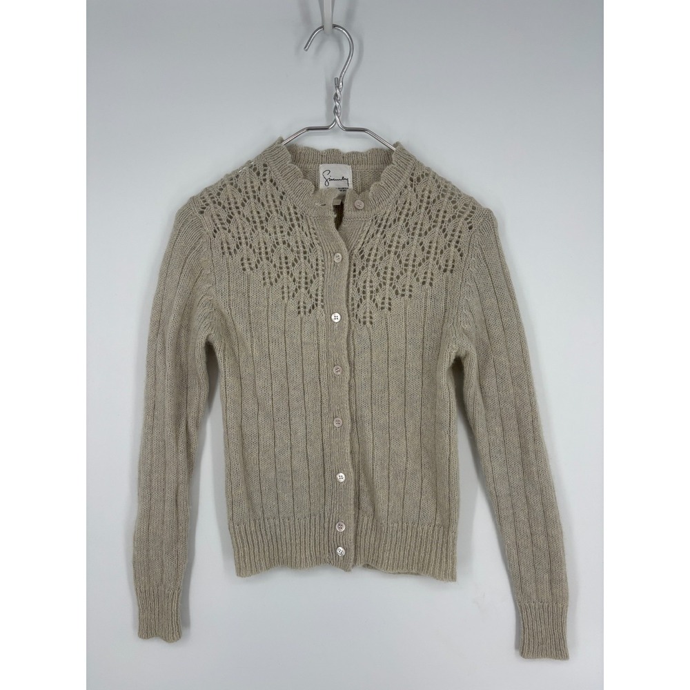 Givenchy Sweater Womens P XS Beige Wool Blend Pointelle Scalloped Cardigan FLAW